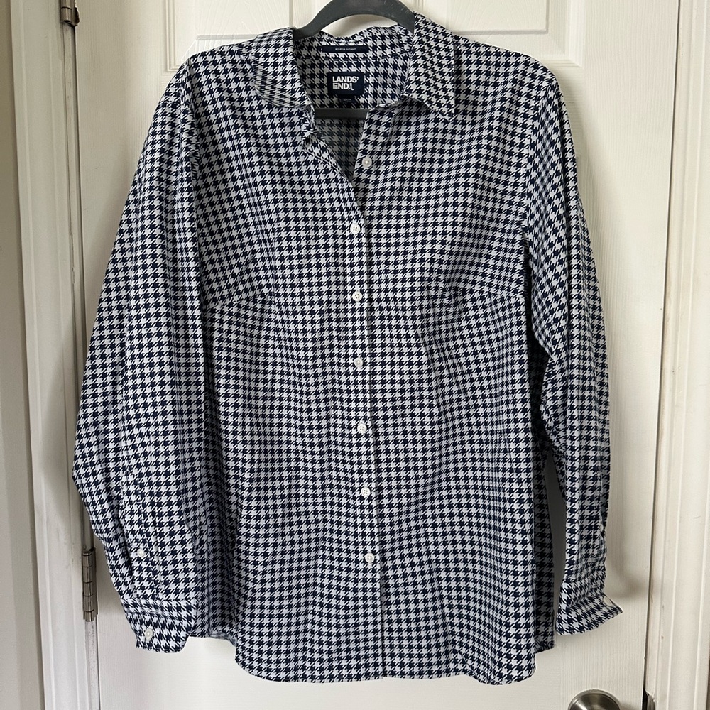Lands' End Navy and White Button Down Shirt